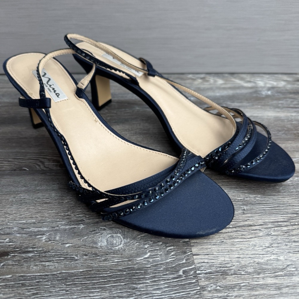 Nina Women's 10M Strappy Embellished Rhinestone Blue Heels 2.5"